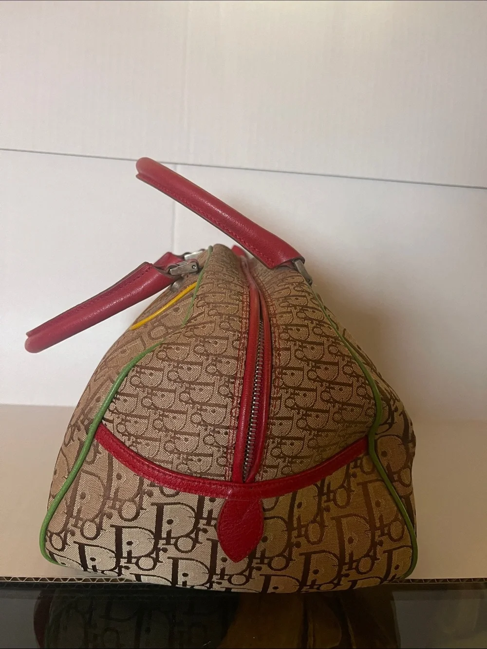 Vintage Dior Monogram Satchel with Red, Yellow & Green Trim